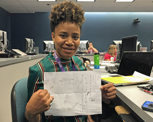 Selia Monroe, MSN '15, RN, shows a blueprint she drew for a frequently asked questions app as part of a day-long 