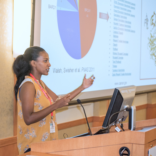 Netsanet Woldegerima, a UM Scholar and second-year medical student at UMSOM, presents research on the engineering and coding aspects of medical equipment and software.