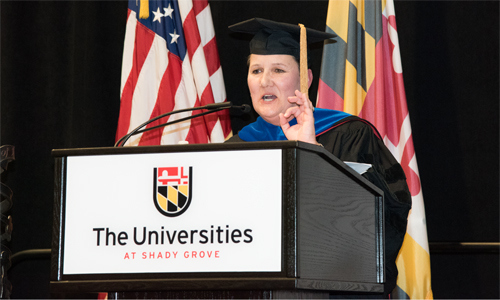 Sherry B. Perkins, PhD, RN, FAAN, president and chief executive officer of University of Maryland Capital Region Health, addresses the Class of 2018 at the Universities at Shady Grove. 