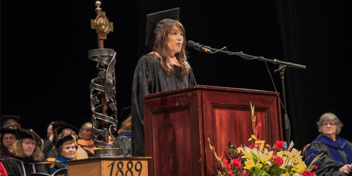 Marla T. Oros, MS, BSN ’84, RN, delivers the keynote address at the University of Maryland School of Nursing graduation ceremony at the Hippodrome Theatre Dec. 18.