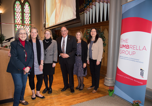 From left, Laure Aurelian, Carolyn Choate, Margaret M. McCarthy, Jay A. Perman, Ann Robbins, and Yun Qiu.