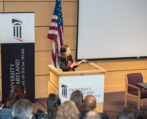 Baltimore City Health Commissioner Dr. Leana S. Wen, addresses social workers during the Daniel Thursz Social Justice Lecture at the University of Maryland School of Social Work. 