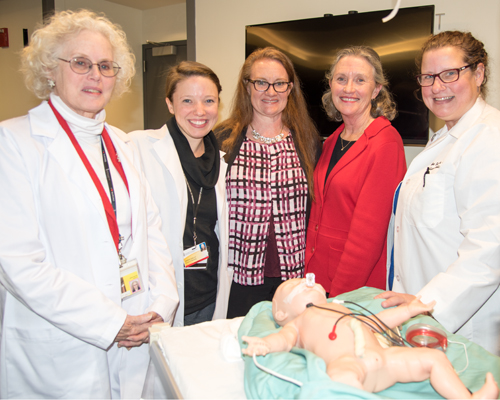 From left, Jan Wilson,  Sarah Gallo, Amy Daniels, University of Maryland School of Nursing Dean Jane M. Kirschling, and Ann Felauer.
