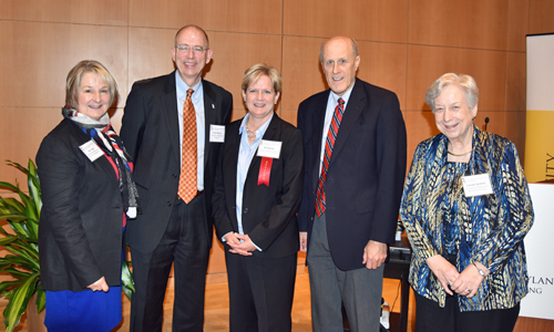 From left, M.J. Tooey, executive vice president, academic affairs, executive director, Health Sciences and Human Services Library; Peter J. Murray, chief information officer, vice president for information technology, UMB; MJ Bishop; Bruce Jarrell; and Louise S. Jenkins.