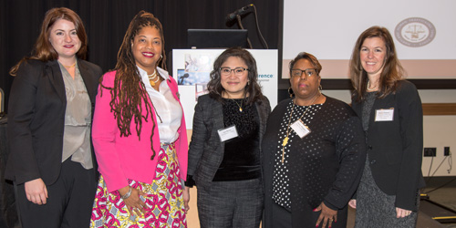 Speaking at the Maryland Child Trafficking Conference, from left: Amelia Rubenstein, Nadine Finigan-Carr, both of the University of Maryland School of Social Work; Maryland Assistant U.S. Attorney Ayn Ducao, victim advocate and keynote speaker Sunny Slaughter; and Justice Schisler, chief of planning and implementation for the Governor's Office of Crime Control & Prevention. 