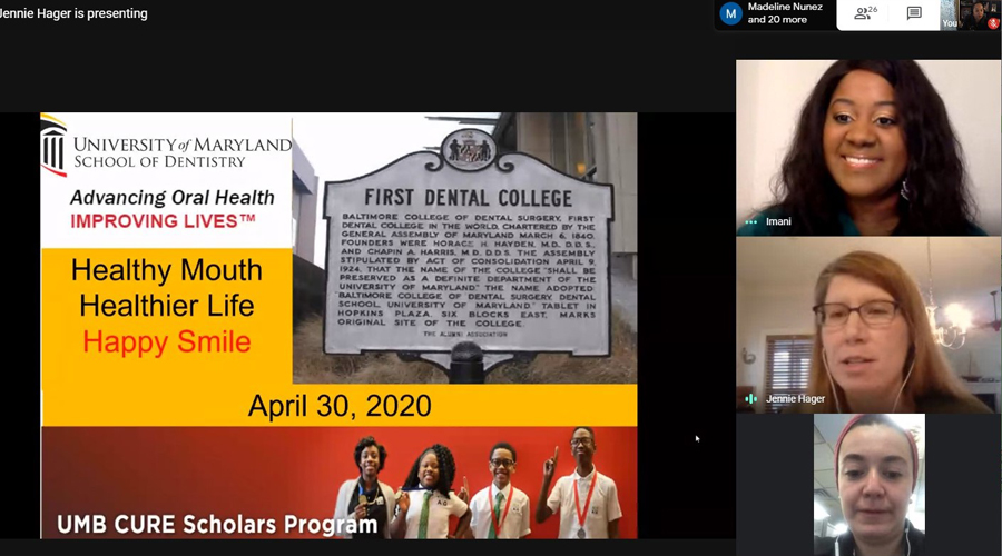 Mentors in the UMB CURE Scholars Program connect with their mentees over Zoom video chat to teach them about oral health.