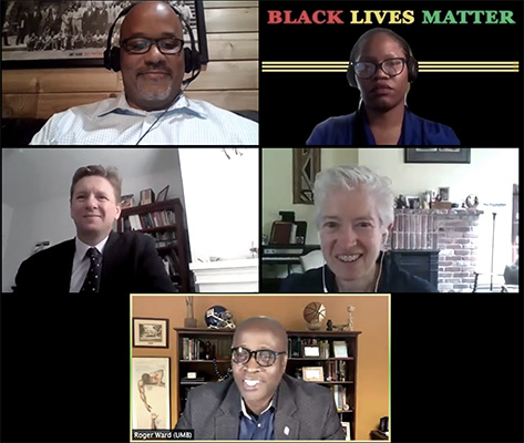 Panelists from the “Racial Injustice from a Human Rights Perspective” webinar (clockwise from top left): Russell McClain, Neijma Celestine-Donnor, Jackie Smith, Roger Ward, and Peter Danchin. 