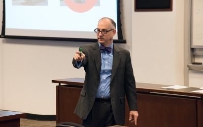 Dean Donald B. Tobin calls on a student while teaching class at Maryland Carey Law.