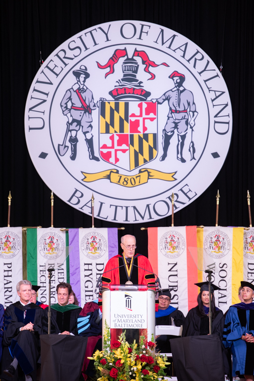 University of Maryland, Baltimore President Bruce E. Jarrell, MD, FACS, welcome faculty and guests to UMB's first Faculty Convocation, an event expected to become an annual tradition.