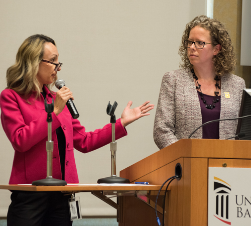 From left, Oksana Mishler, clinical assistant professor at the University of Maryland School of Dentistry and vice president of the Faculty Senate, and Kristy Novak, assistant director of graduate clinical placements for the University of Maryland School of Nursing, student and academic services, and president of the Staff Senate.