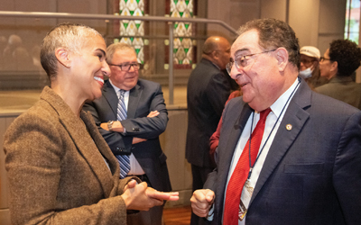 Dean Hutchins greets Chancellor Jay Perman at her welcome reception at Westminster Hall. 