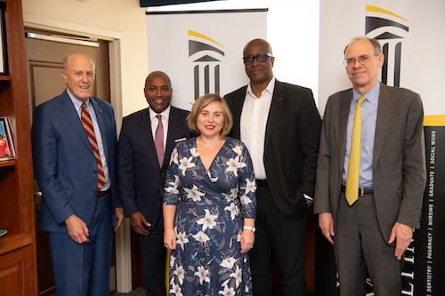 (l-r) UMB President Bruce Jarrell, Maryland Department of Commerce Secretary Kevin Anderson, Maryland Department of Commerce Director of Life Sciences Ulyana Desiderio, UMB Provost and Executive Vice President Roger Ward, and UMB Chief Enterprise and Economic Development Officer and Senior Vice President James Hughes