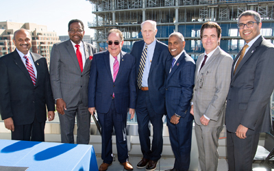  From l-r: Amitabh Varshney, dean, College of Computer, Mathematical, and Natural Sciences, UMCP; Darryll J. Pines, UMCP president; Jay A. Perman, chancellor, University System of Maryland; Bruce E. Jarrell, UMB president;  Mohan Suntha, president and CEO of UMMS; Mark T. Gladwin, dean, University of Maryland School of Medicine; Warren D. D'Souza, chief innovation officer, UMMS.