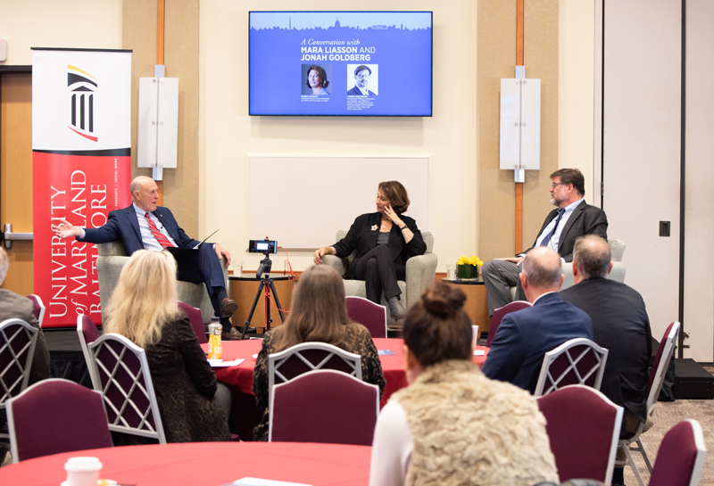 UMB President Bruce Jarrell and national political commentators Mara Liasson and Jonah Goldberg discussed the midterm election results during the President’s Panel on Politics and Policy, which was held in person for the first time since March 2020.