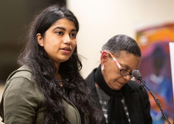 Niv Hegdekar, president of the University Student Government Association, explains the significance of the SMC Campus Center's Land Acknowledgement status at the center’s 10-year anniversary ceremony.