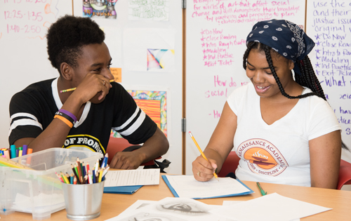 Renaissance Academy sophomores Kevin Fleming and Shakeenah Cole enjoy the new art room.