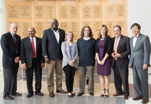 From left: Bruce E. Jarrell; Amitabh Varshney; Clement Adebamowo; Kathleen Stewart; Philip Resnik; Deanna Kelly; UMB President Jay A. Perman; and UMCP President Wallace D. Loh.