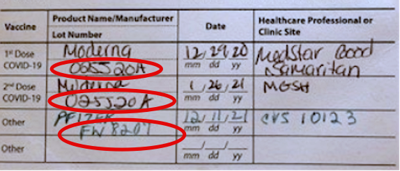 Red circles around lot numbers on Covid-19 vaccination card