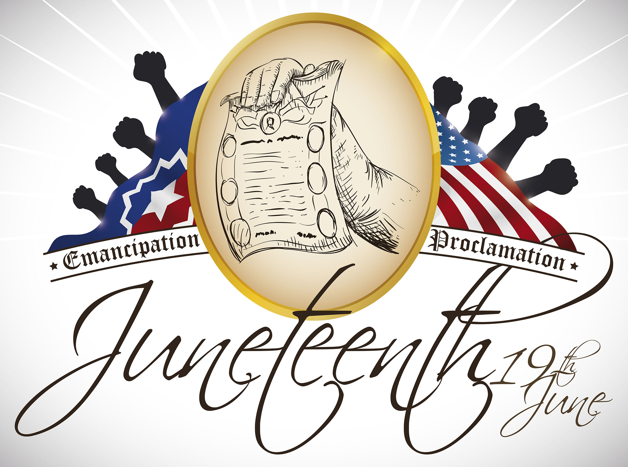Image of raised fists above the word juneteenth