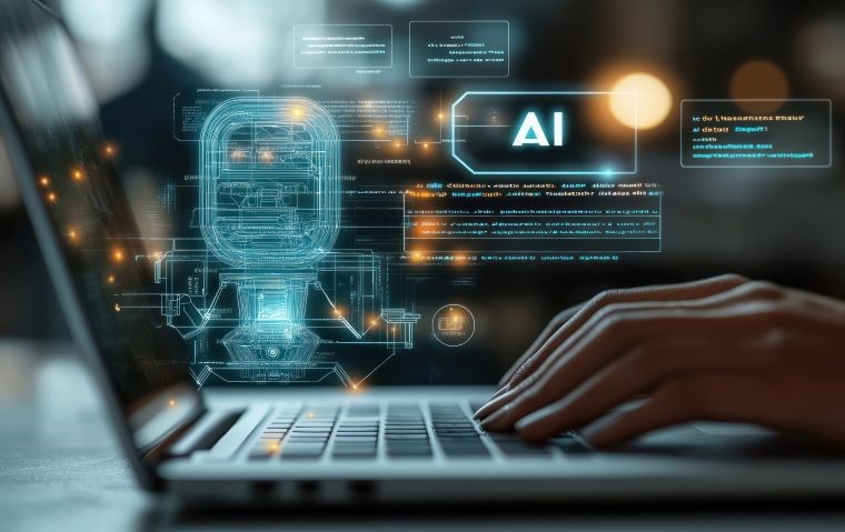 Human hands typing on an open laptop with computer generated imagery and text floating above the keyboard, including the letter AI