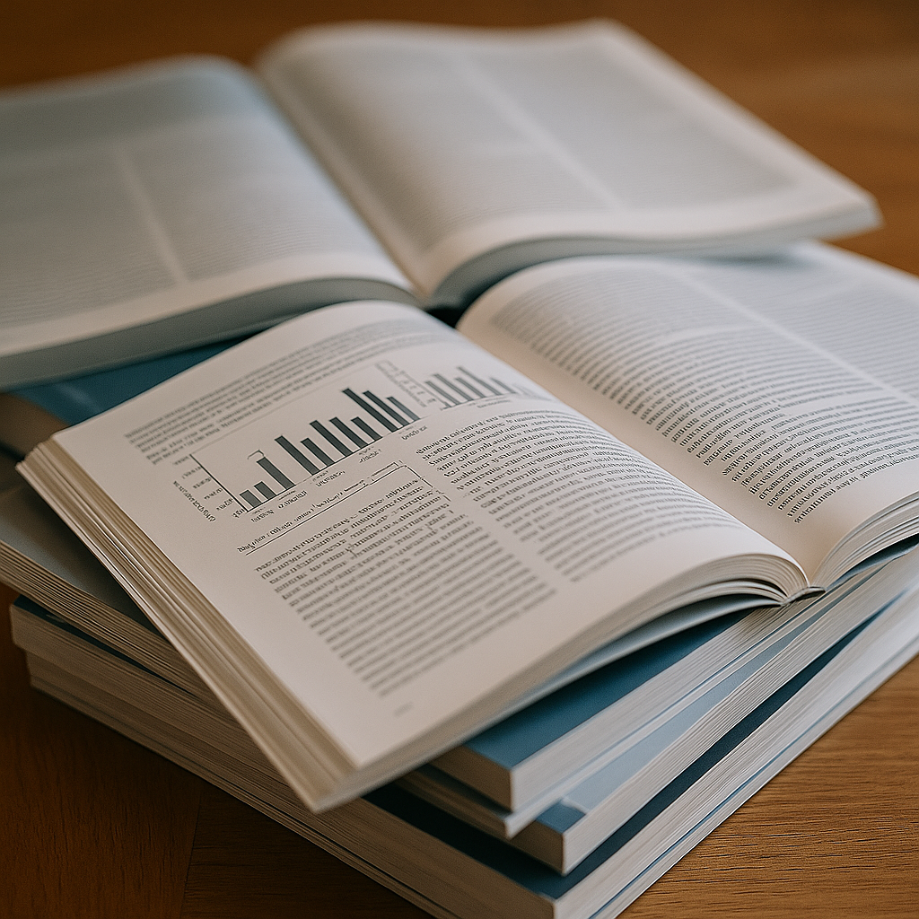 A stack of open scientific journals on a wooden table, showing text and a bar graph, with journal titles blurred. Warm lighting creates a scholarly feel.