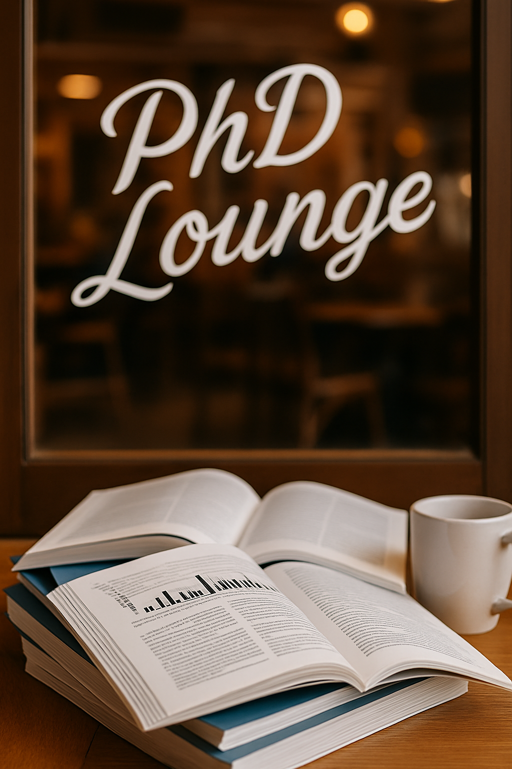 A vertical image showing an open scientific journal and a white mug on a wooden table, with a blurred “PhD Lounge” sign visible through a large window in the background.