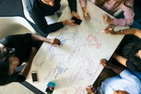 from above, a group of adults drawing a mind map