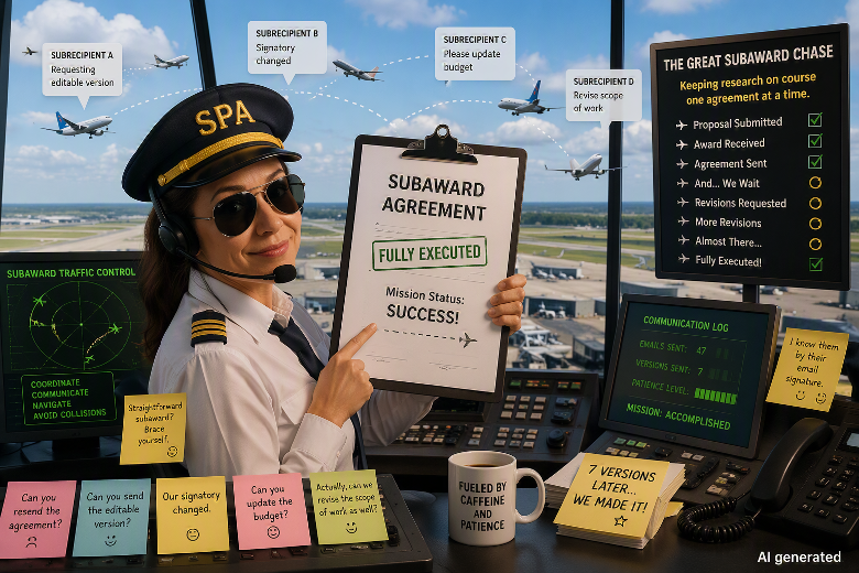 AI generated illustration of SPA staff as air traffic controller and a new subaward.