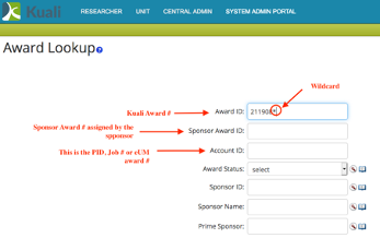 Screenshot of Kuali Research Award Lookup