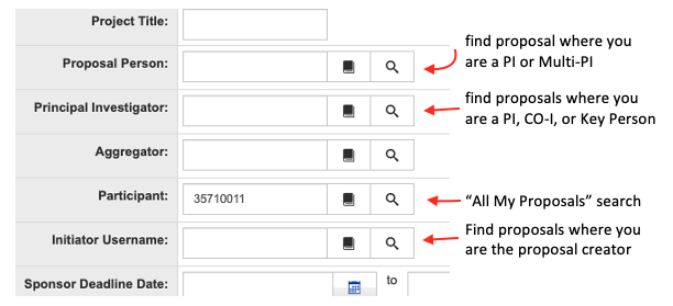 Screenshot of search fields with annotation from the page content on all my proposals
