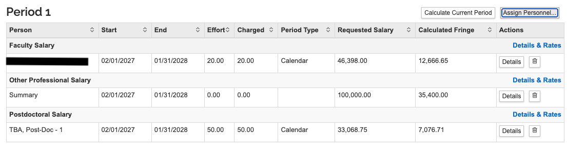 Screenshot from Kuali Research showing budget entry using Summary personnel method