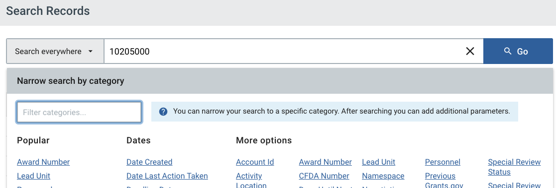 Example to show categories to filter and narrow a search