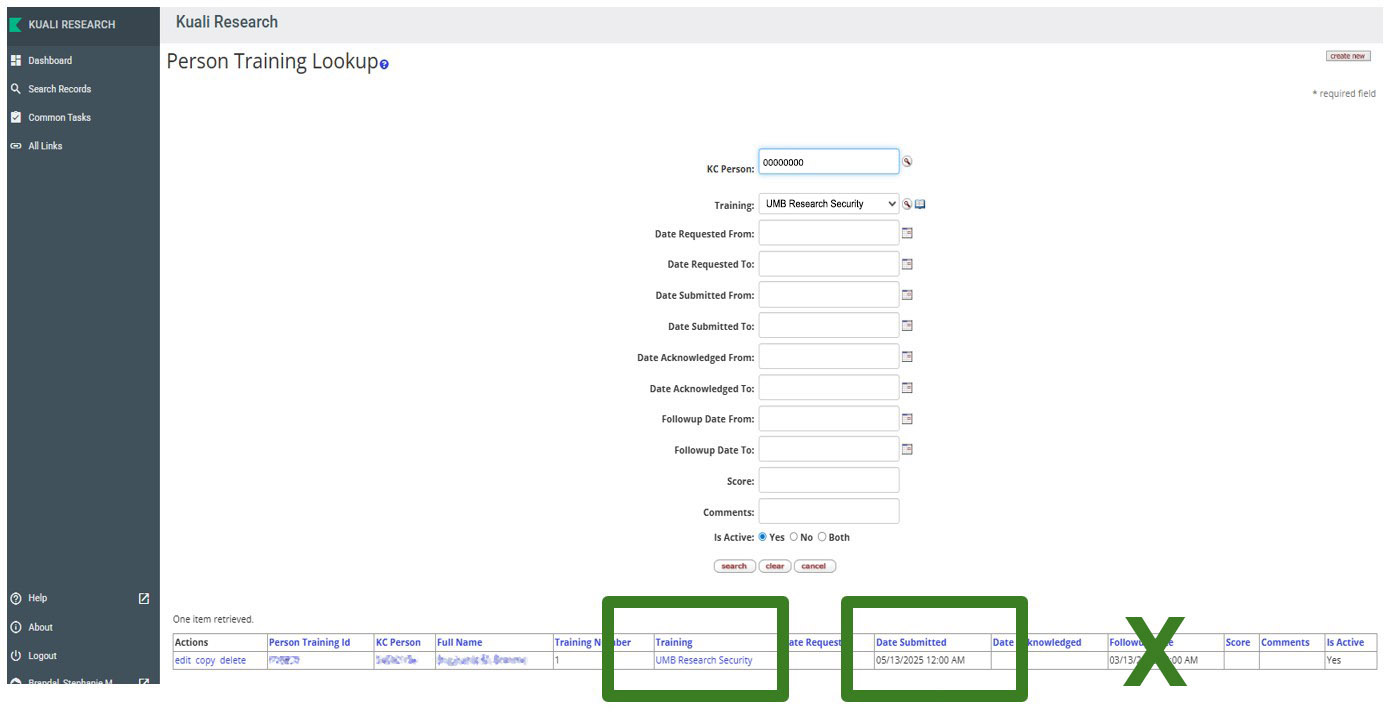 screen shot directing user to enter the name or Person ID in the KC Person field of the online database