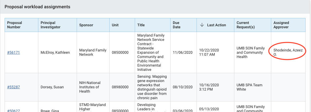Screenshot of proposal workload assignments card showing one proposal assigned to an approver