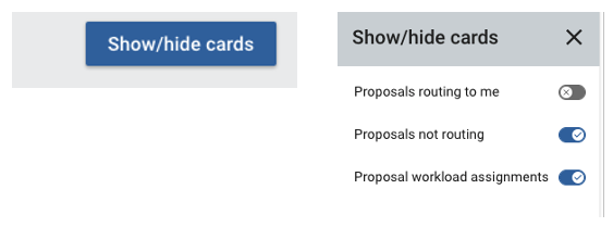 Screenshots of the show/hide cards button and resulting options