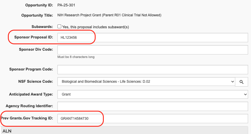Screenshot from Kuali Research showing the fields described in the web page.