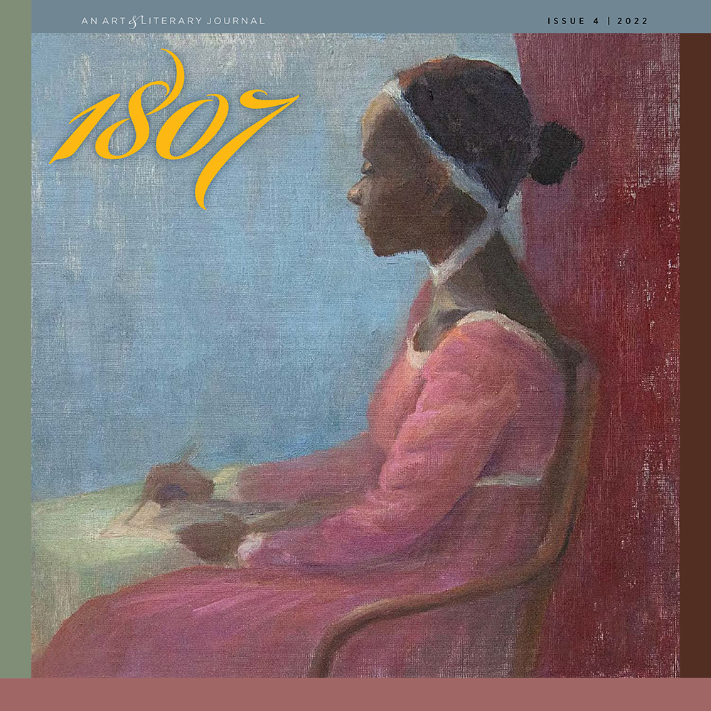 The cover of 1807 Issue 4. Features “A World Away,” a painting by Joan Lee, affiliate physician and sub-investigator, Center for Vaccine Development and Global Health, University of Maryland School of Medicine. The painting depicts a woman in a Colonial-style pink dress who is seated at a writing table, lost in her thoughts.