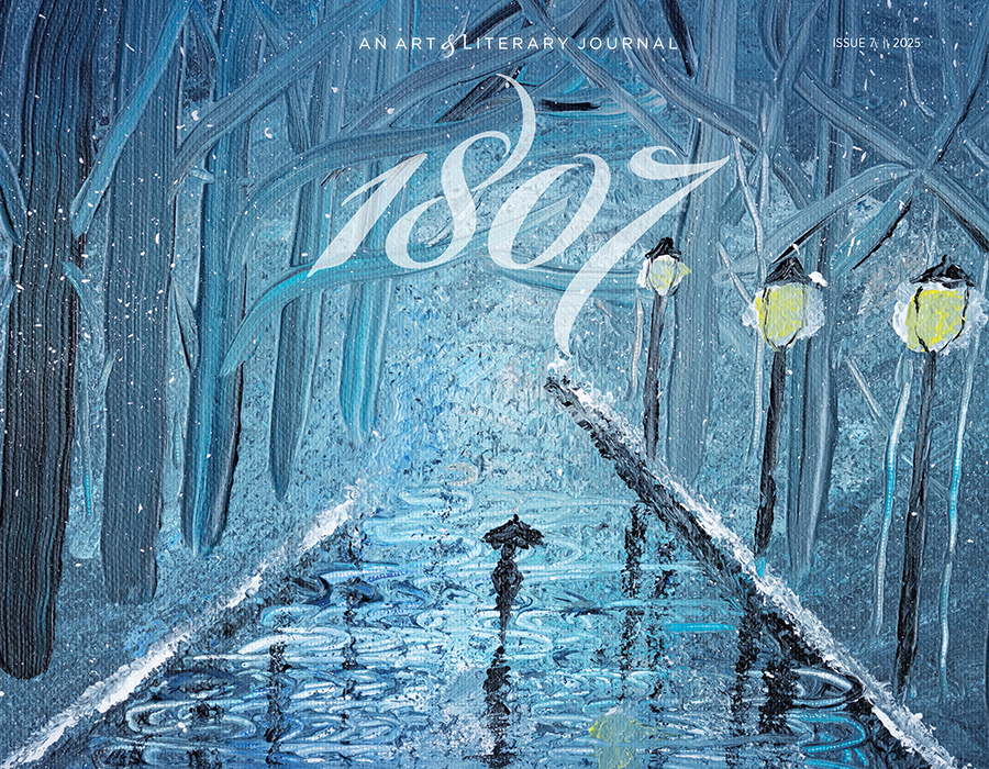 “A Walk in the Rain” is a painting by Jonathan Jeffries, MSN, RN, CCRN, a University of Maryland School of Nursing student. The painting  portrays a lone figure strolling beneath soft streetlights on a quiet, rain-kissed path. Cool blues and grays set a tranquil, reflective mood, while snow-dusted trees arch overhead like a gentle canopy.