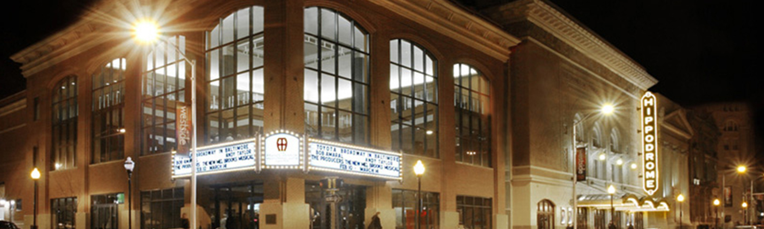 An exterior view of the Hippodrome theater building at night