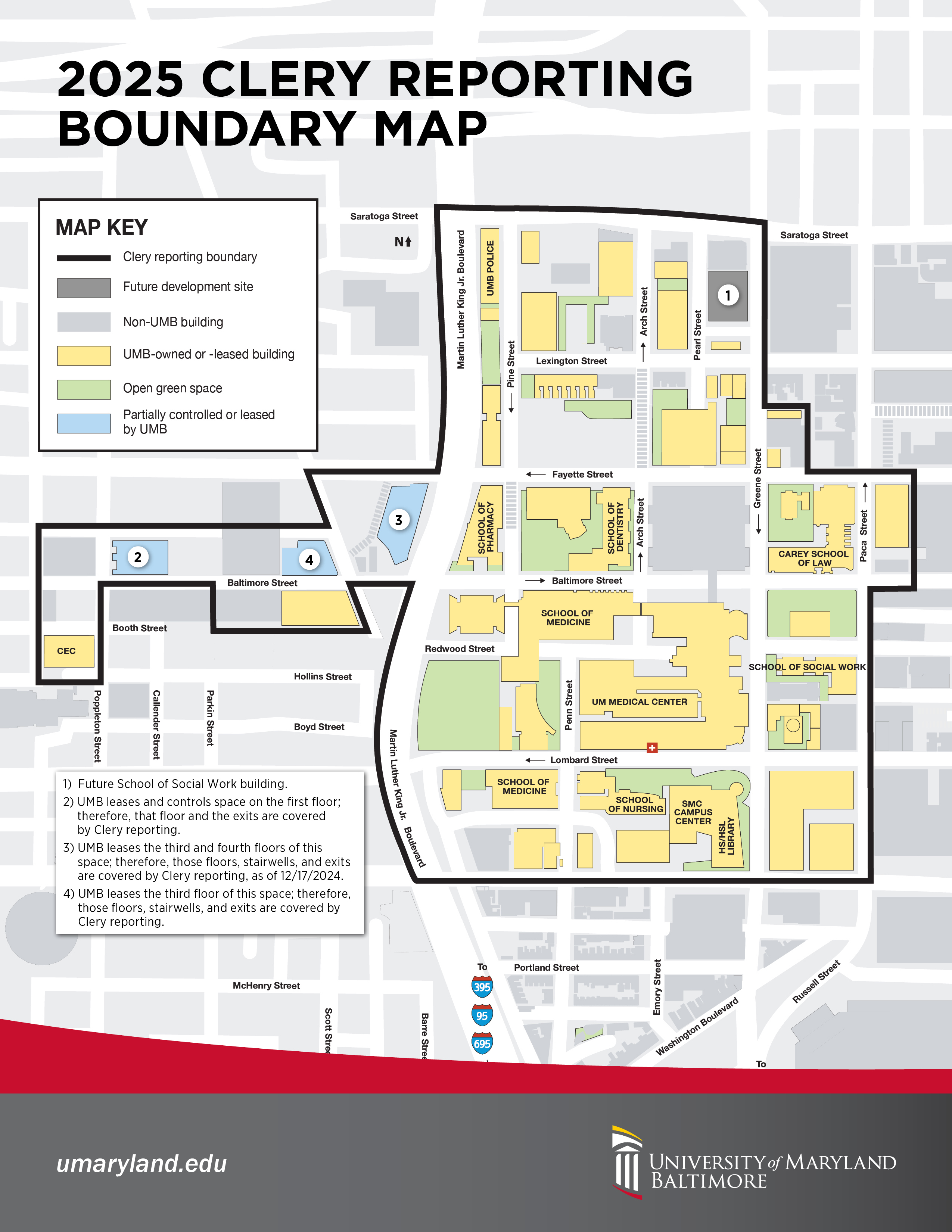 A detailed boundary map for the 2025 Clery reporting at the University of Maryland Baltimore showing existing and future buildings, parking areas, and specific zones controlled or leased by the university.