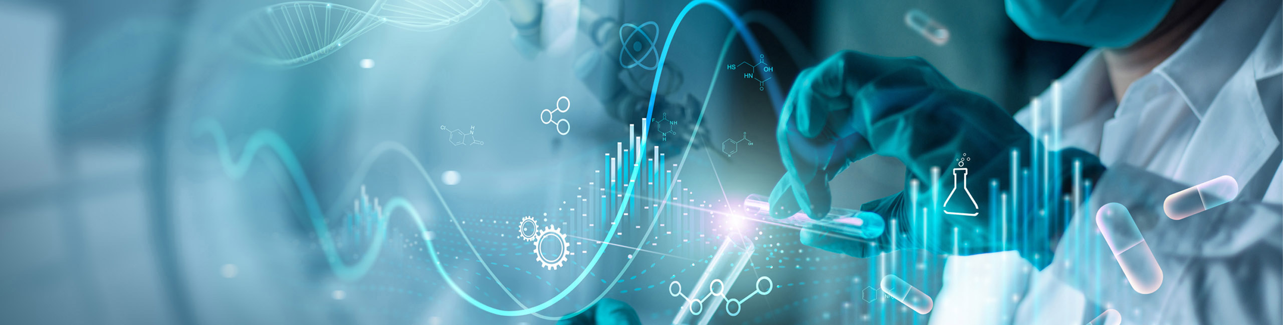 a stylized image of a scientist pouring something into a test tube, various medical graphics scattered across image