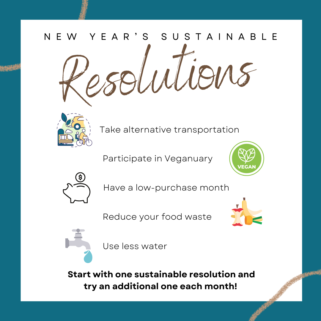 Different sustainable resolutions like Veganuary, using less water, taking alternative transportation, and more.