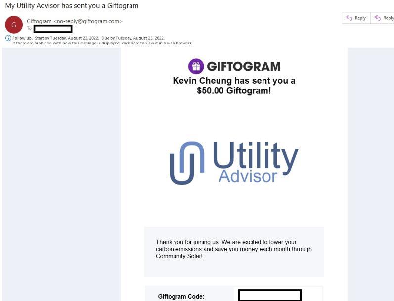 example of Utility Advisor $50 Visa gift card email notification