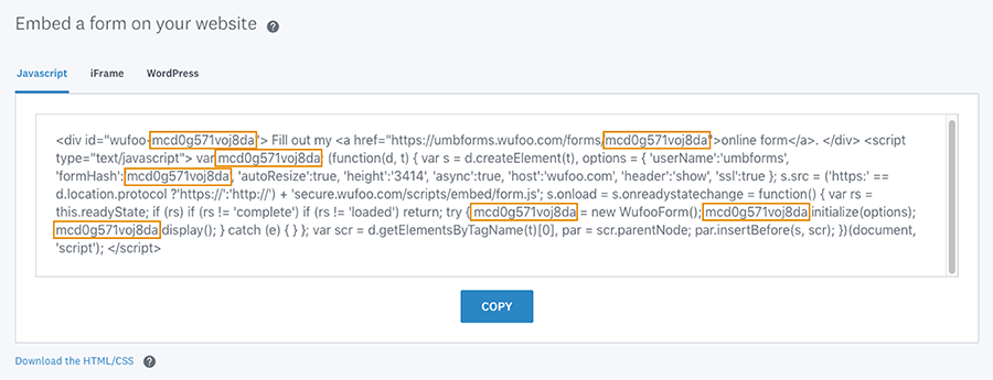 A screenshot of the Wufoo embed code with the ID codes highlighted