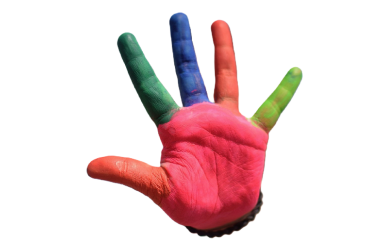 Colorful hand holding up five fingers