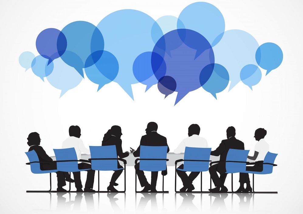 Illustration of people meeting with speech balloons overhead