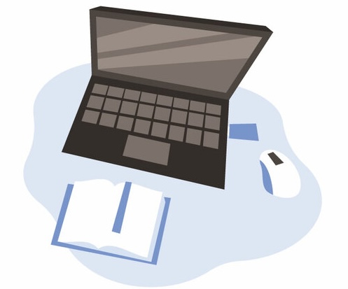 Clip art image of a laptop and open book.  CC0 1.0 Universal licence.